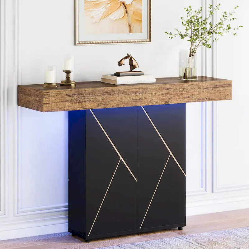 43.3 Table console sur pied de ferme, Table de canapé pour salon, Table d'entrée pour vestibule, Bureau étroit