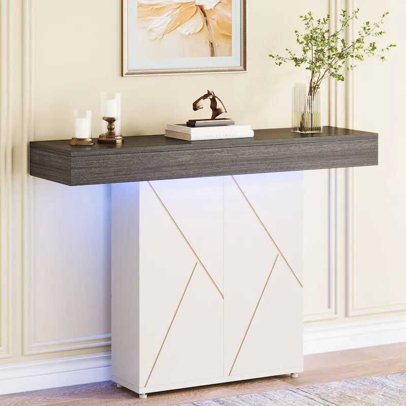 43.3 Table console sur pied de ferme, Table de canapé pour salon, Table d'entrée pour vestibule, Bureau étroit