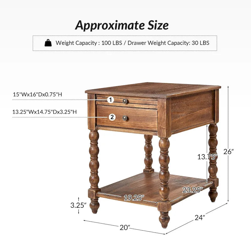 Tables de chevet Eric traditionnelles 26 pouces en bois massif avec port USB (lot de 2) par HULALA HOME