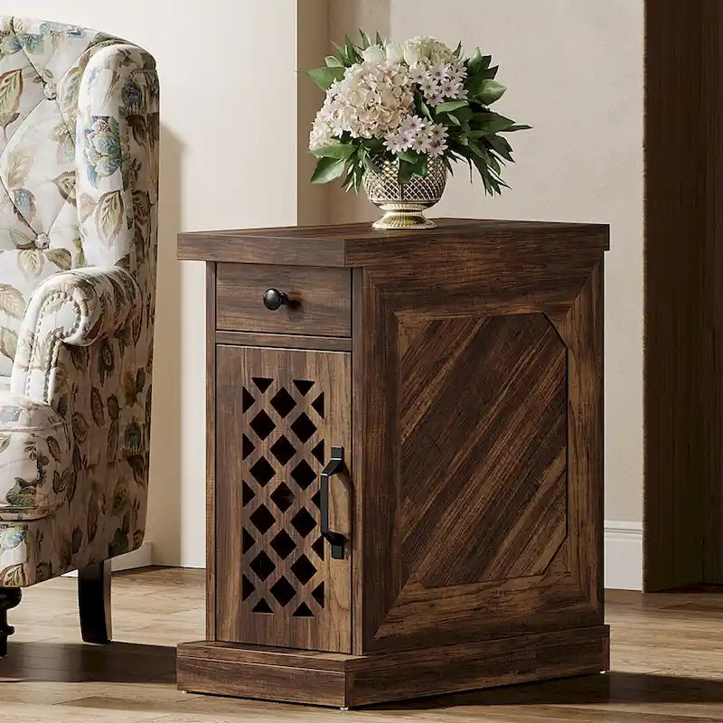 Table d'appoint haute, table de chevet avec tiroir pour chambre, chêne rustique - 60 cm (L) x 30 cm (l) x 65 cm (H)