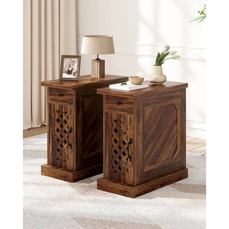 Table d'appoint haute, table de chevet avec tiroir pour chambre, chêne rustique - 60 cm (L) x 30 cm (l) x 65 cm (H)
