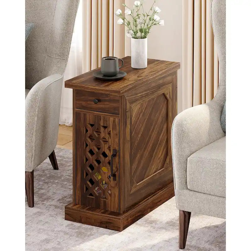 Table d'appoint haute, table de chevet avec tiroir pour chambre, chêne rustique - 60 cm (L) x 30 cm (l) x 65 cm (H)