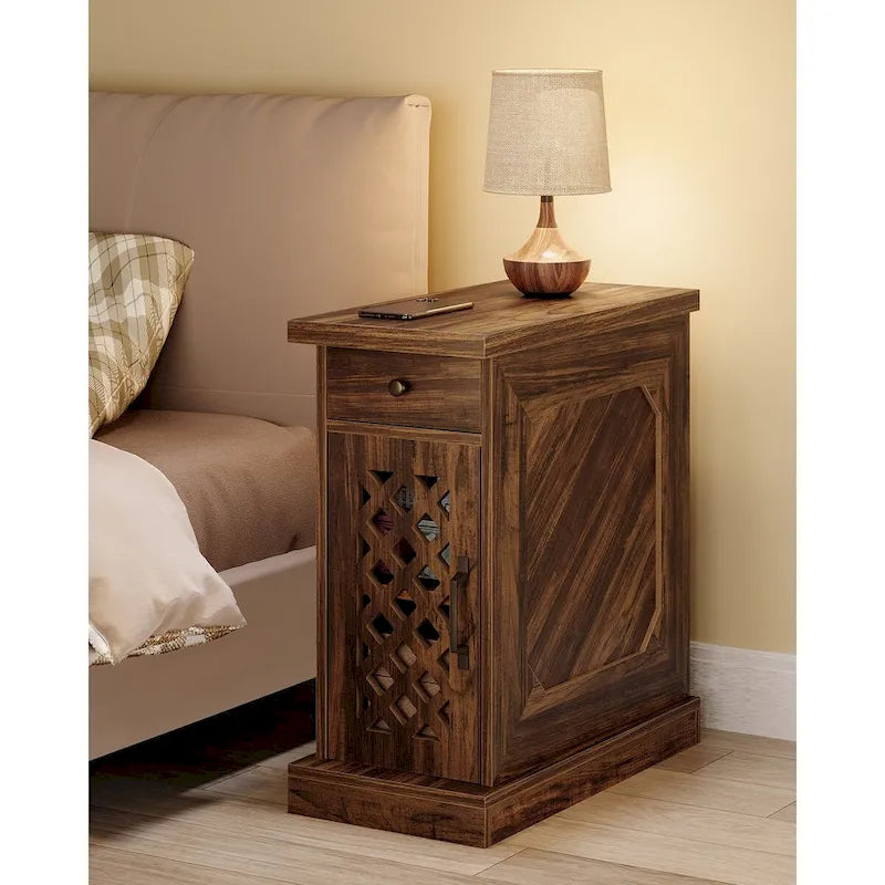 Table d'appoint haute, table de chevet avec tiroir pour chambre, chêne rustique - 60 cm (L) x 30 cm (l) x 65 cm (H)