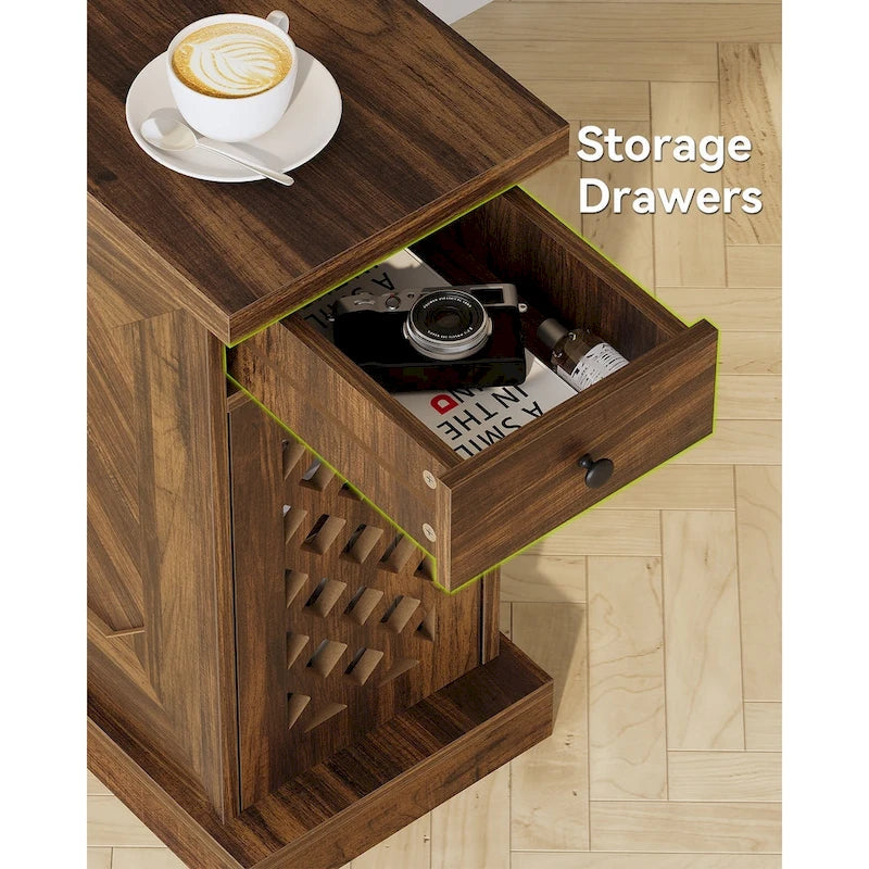 Table d'appoint haute, table de chevet avec tiroir pour chambre, chêne rustique - 60 cm (L) x 30 cm (l) x 65 cm (H)