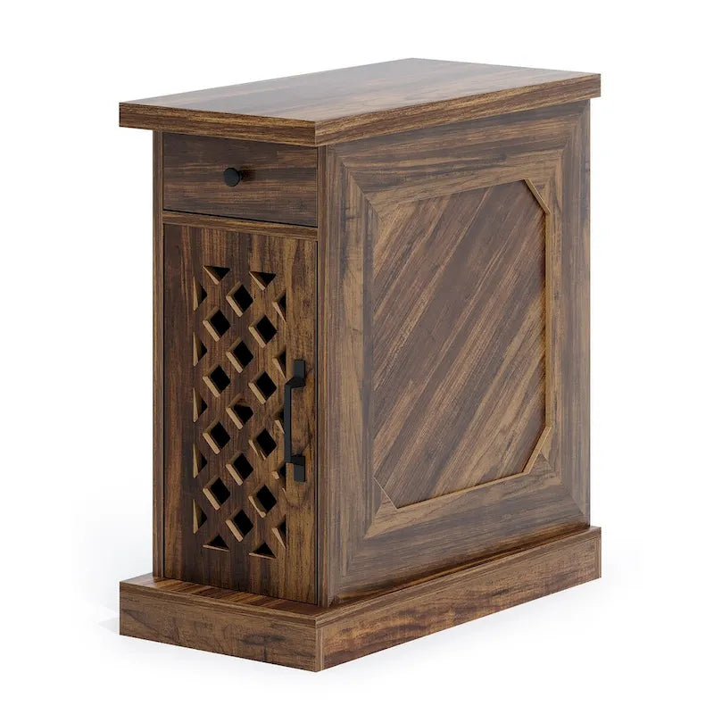 Table d'appoint haute, table de chevet avec tiroir pour chambre, chêne rustique - 60 cm (L) x 30 cm (l) x 65 cm (H)