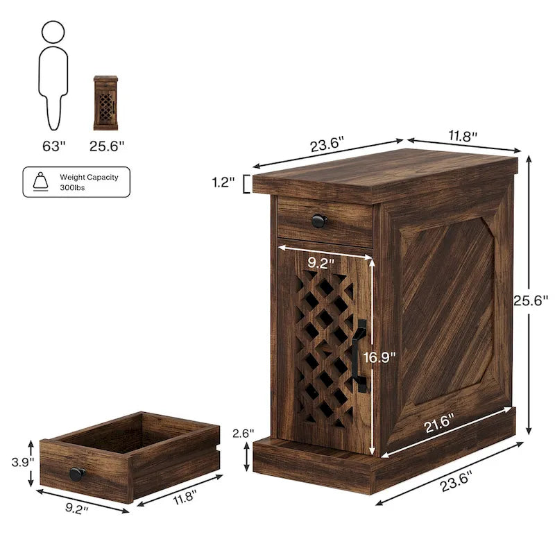 Table d'appoint haute, table de chevet avec tiroir pour chambre, chêne rustique - 60 cm (L) x 30 cm (l) x 65 cm (H)