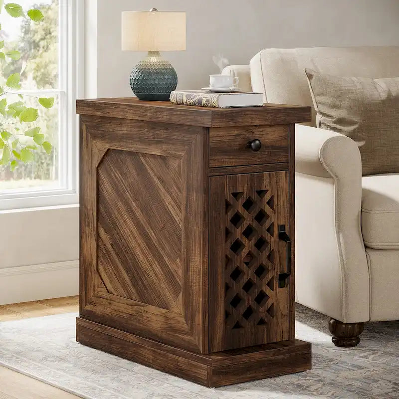 Table d'appoint haute, table de chevet avec tiroir pour chambre, chêne rustique - 60 cm (L) x 30 cm (l) x 65 cm (H)