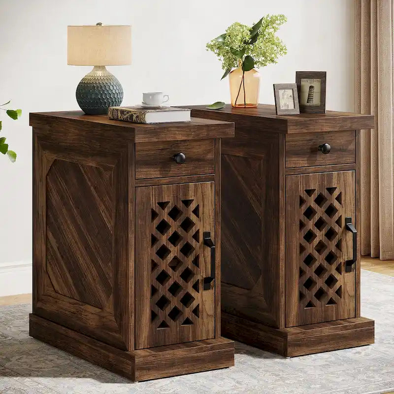 Table d'appoint haute, table de chevet avec tiroir pour chambre, chêne rustique - 60 cm (L) x 30 cm (l) x 65 cm (H)
