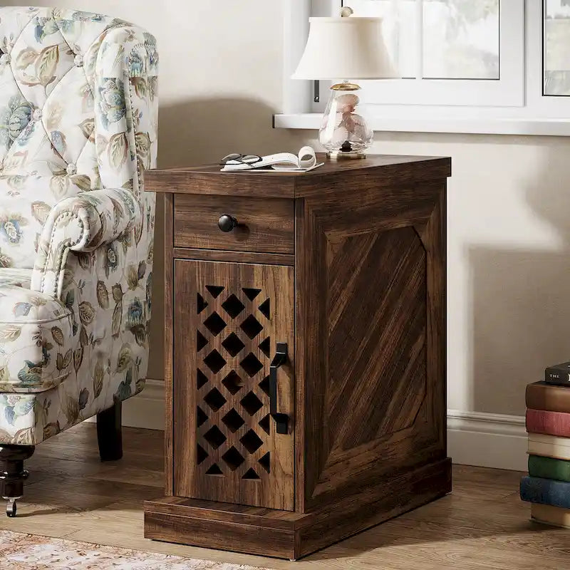 Table d'appoint haute, table de chevet avec tiroir pour chambre, chêne rustique - 60 cm (L) x 30 cm (l) x 65 cm (H)