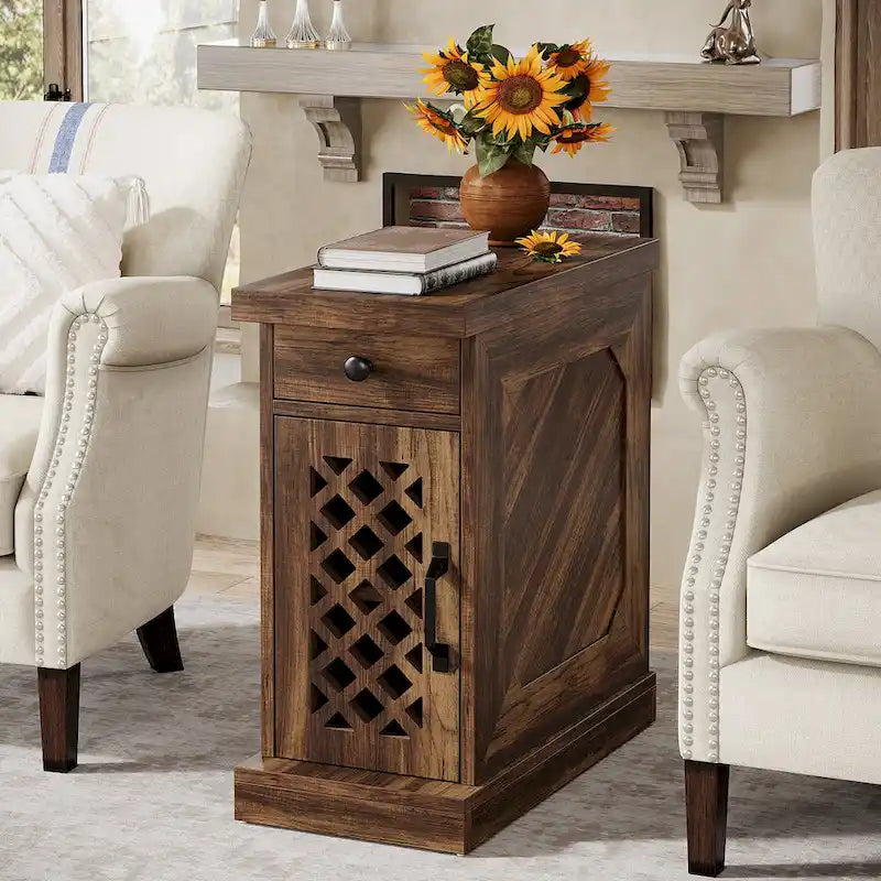 Table d'appoint haute, table de chevet avec tiroir pour chambre, chêne rustique - 60 cm (L) x 30 cm (l) x 65 cm (H)