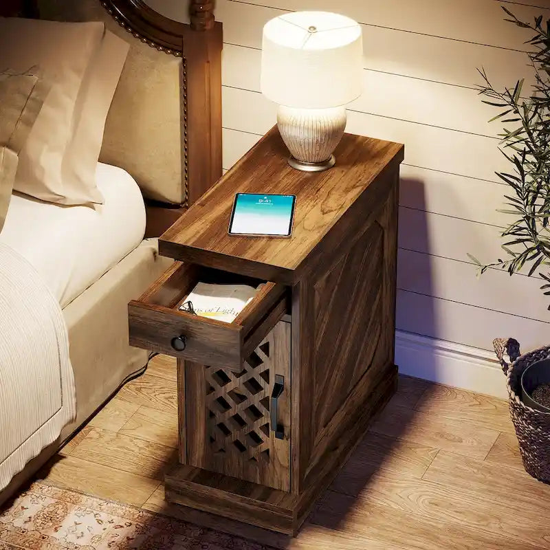 Table d'appoint haute, table de chevet avec tiroir pour chambre, chêne rustique - 60 cm (L) x 30 cm (l) x 65 cm (H)