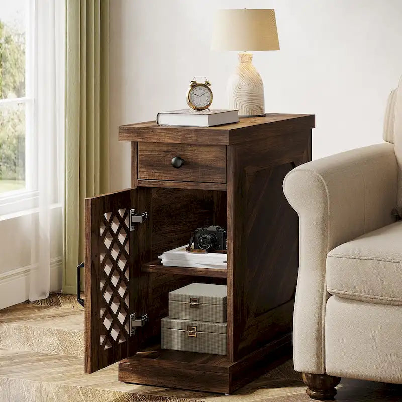 Table d'appoint haute, table de chevet avec tiroir pour chambre, chêne rustique - 60 cm (L) x 30 cm (l) x 65 cm (H)
