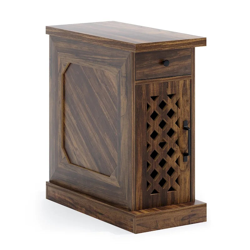 Table d'appoint haute, table de chevet avec tiroir pour chambre, chêne rustique - 60 cm (L) x 30 cm (l) x 65 cm (H)