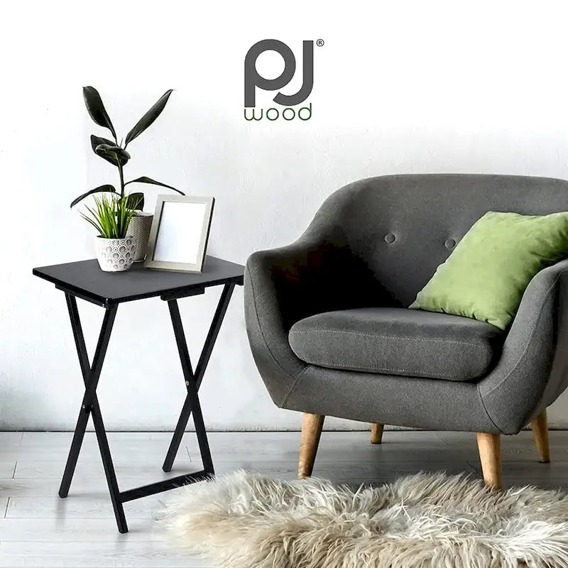Tables de télévision pliantes PJ Wood avec rangement compact, noir, ensemble de 2 - 18,44
