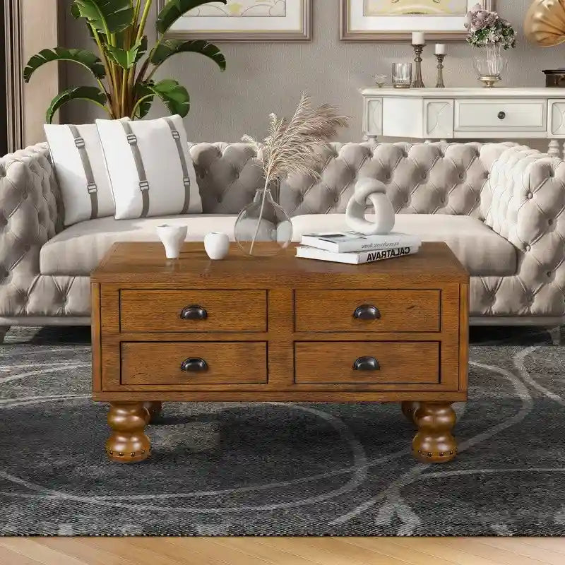 Table basse rectangulaire en bois massif avec 4 tiroirs