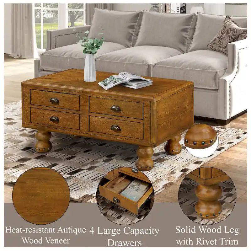 Table basse rectangulaire en bois massif avec 4 tiroirs