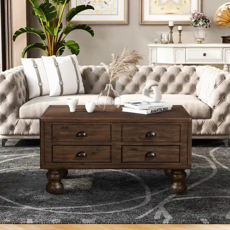 Table basse rectangulaire en bois massif avec 4 tiroirs