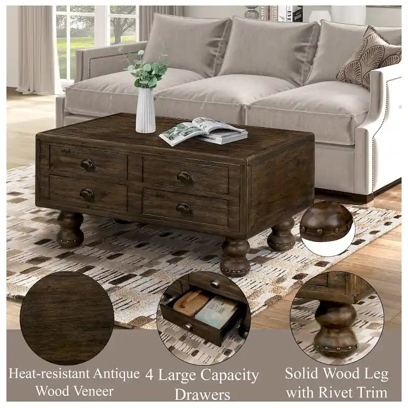 Table basse rectangulaire en bois massif avec 4 tiroirs