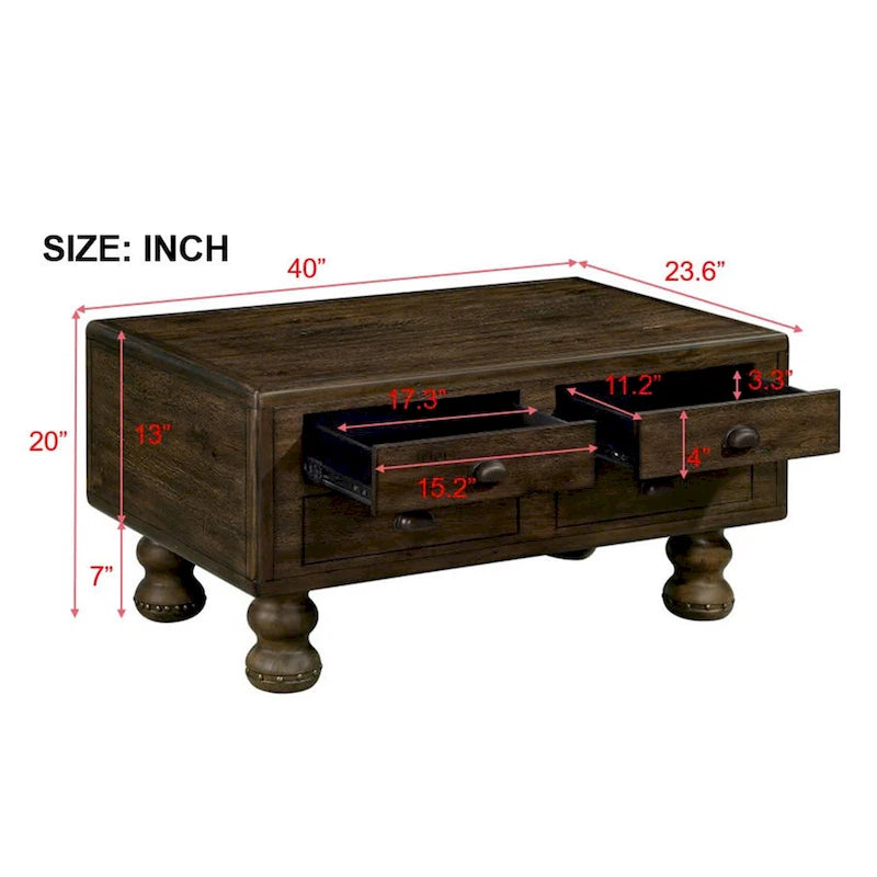 Table basse rectangulaire en bois massif avec 4 tiroirs