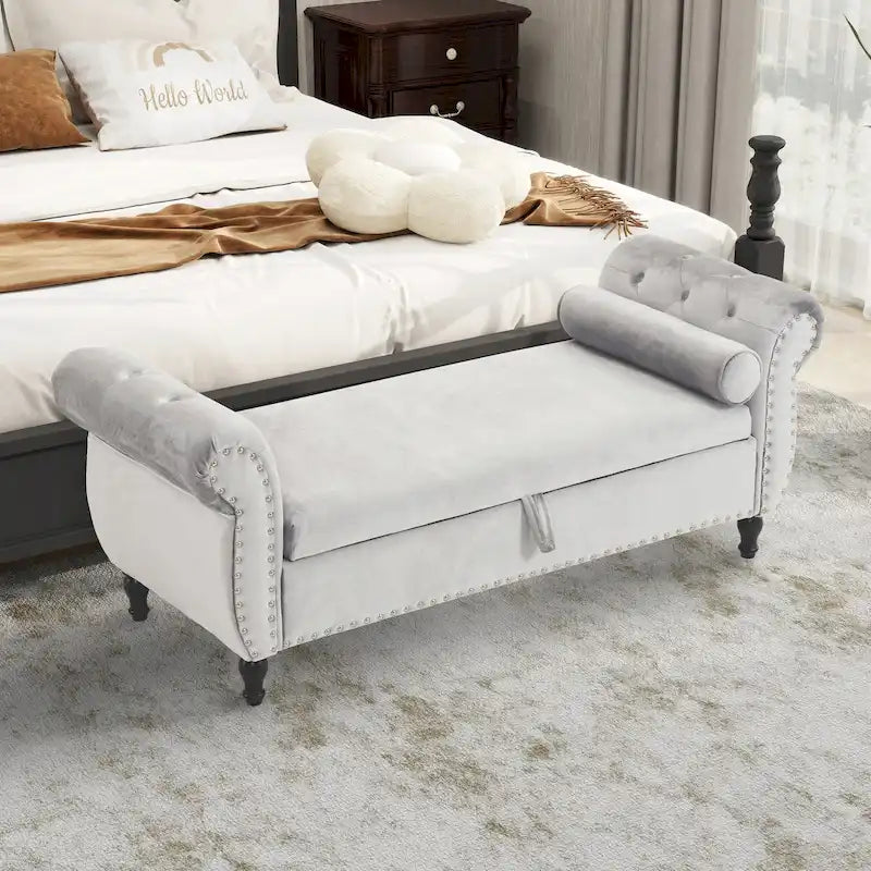 Banc rectangulaire de rangement en velours avec 1 oreiller, pouf pour salons et entrée