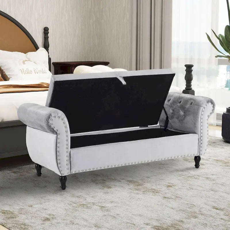 Banc rectangulaire de rangement en velours avec 1 oreiller, pouf pour salons et entrée