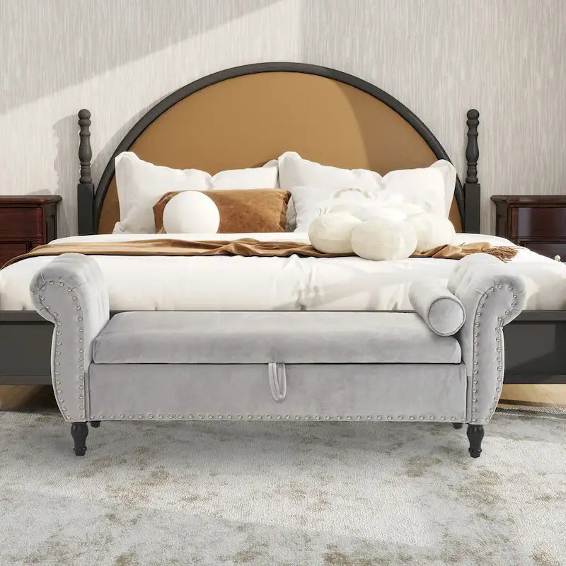 Banc rectangulaire de rangement en velours avec 1 oreiller, pouf pour salons et entrée