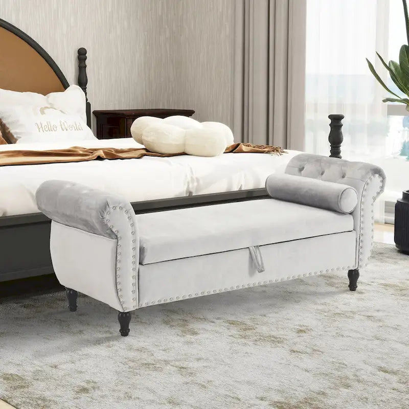 Banc rectangulaire de rangement en velours avec 1 oreiller, pouf pour salons et entrée