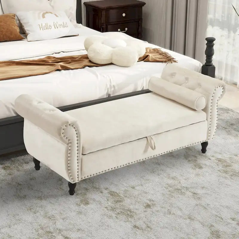 Banc rectangulaire de rangement en velours avec 1 oreiller, pouf pour salons et entrée