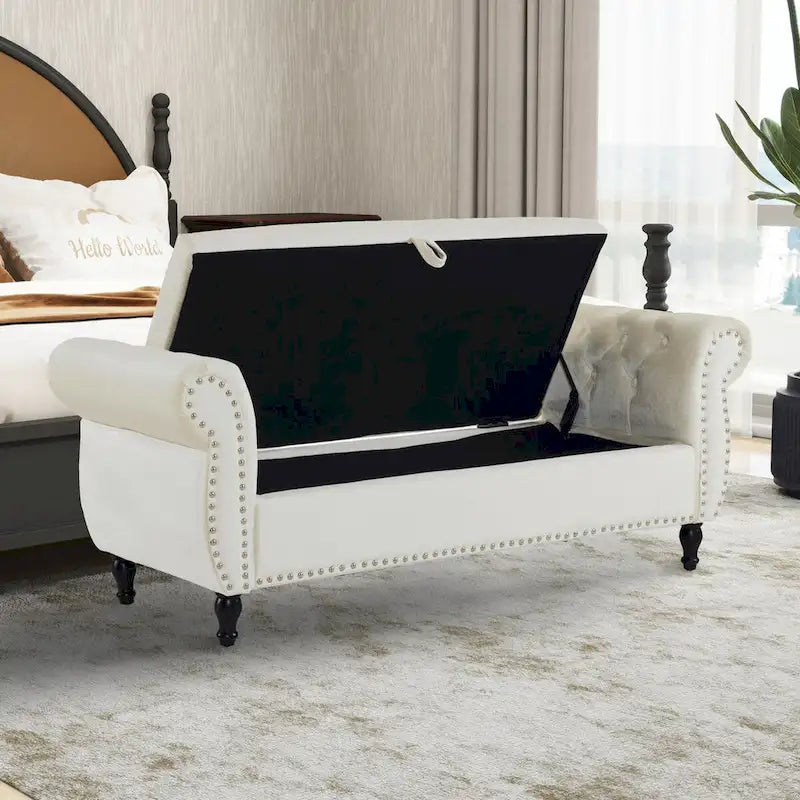 Banc rectangulaire de rangement en velours avec 1 oreiller, pouf pour salons et entrée