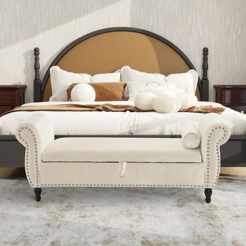 Banc rectangulaire de rangement en velours avec 1 oreiller, pouf pour salons et entrée