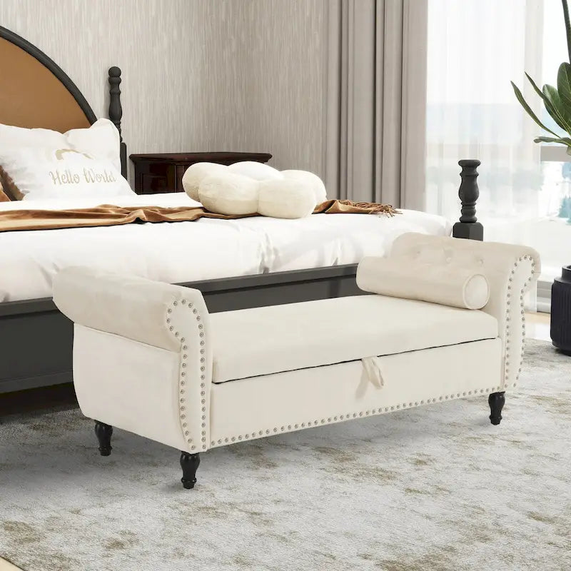 Banc rectangulaire de rangement en velours avec 1 oreiller, pouf pour salons et entrée