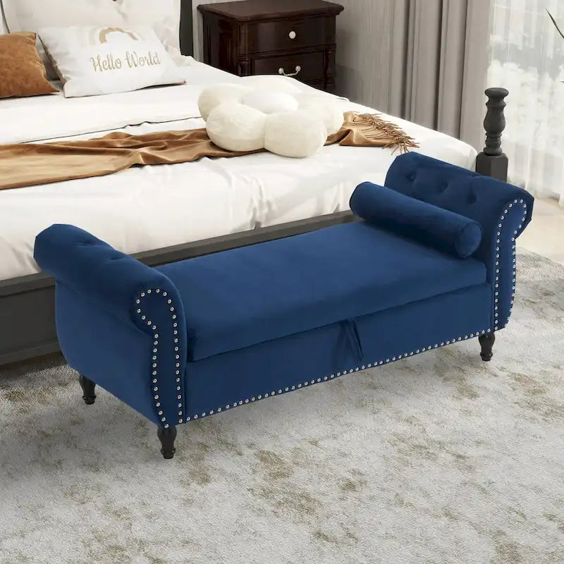 Banc rectangulaire de rangement en velours avec 1 oreiller, pouf pour salons et entrée