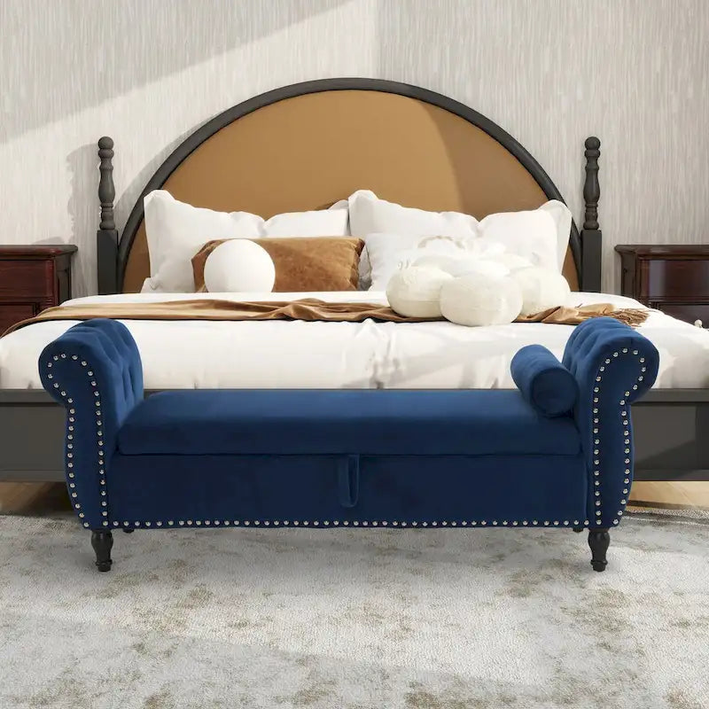 Banc rectangulaire de rangement en velours avec 1 oreiller, pouf pour salons et entrée