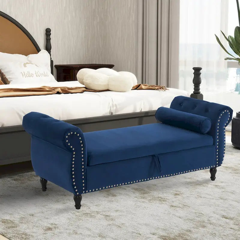 Banc rectangulaire de rangement en velours avec 1 oreiller, pouf pour salons et entrée