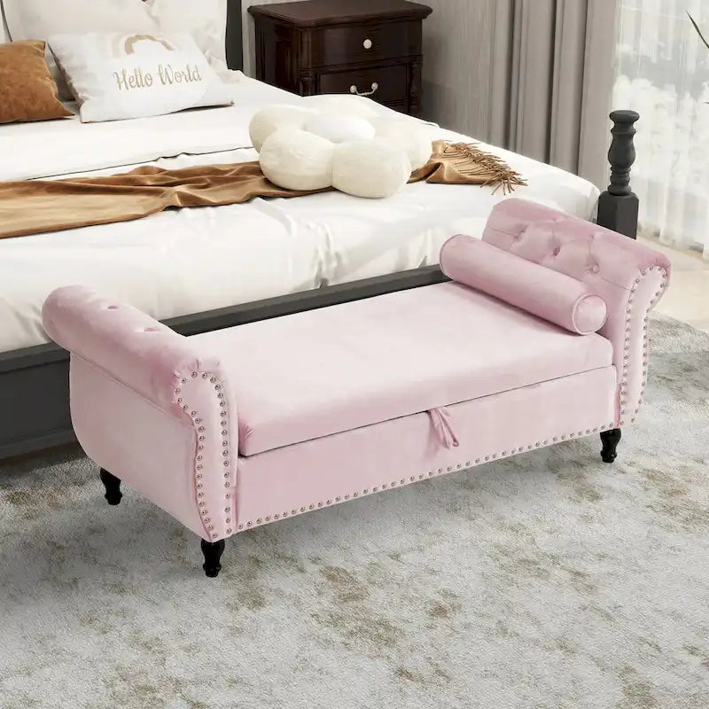 Banc rectangulaire de rangement en velours avec 1 oreiller, pouf pour salons et entrée
