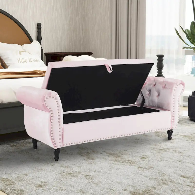 Banc rectangulaire de rangement en velours avec 1 oreiller, pouf pour salons et entrée