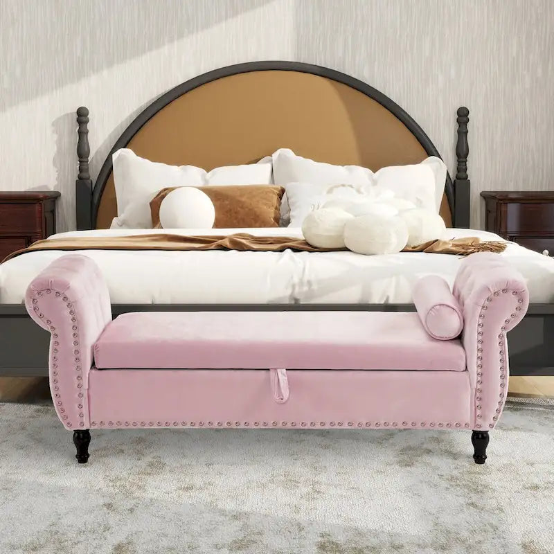 Banc rectangulaire de rangement en velours avec 1 oreiller, pouf pour salons et entrée