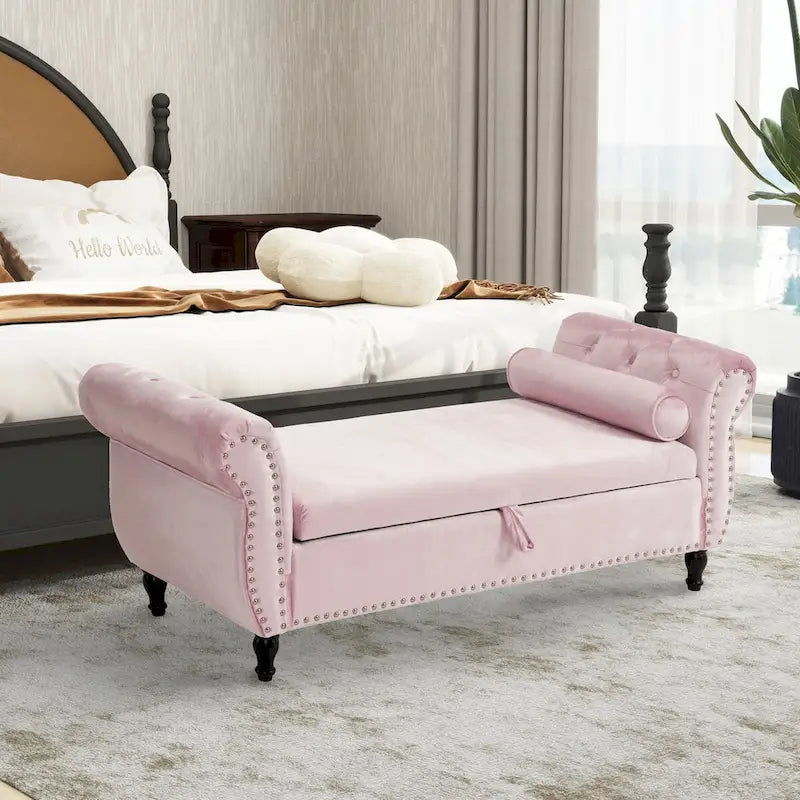 Banc rectangulaire de rangement en velours avec 1 oreiller, pouf pour salons et entrée