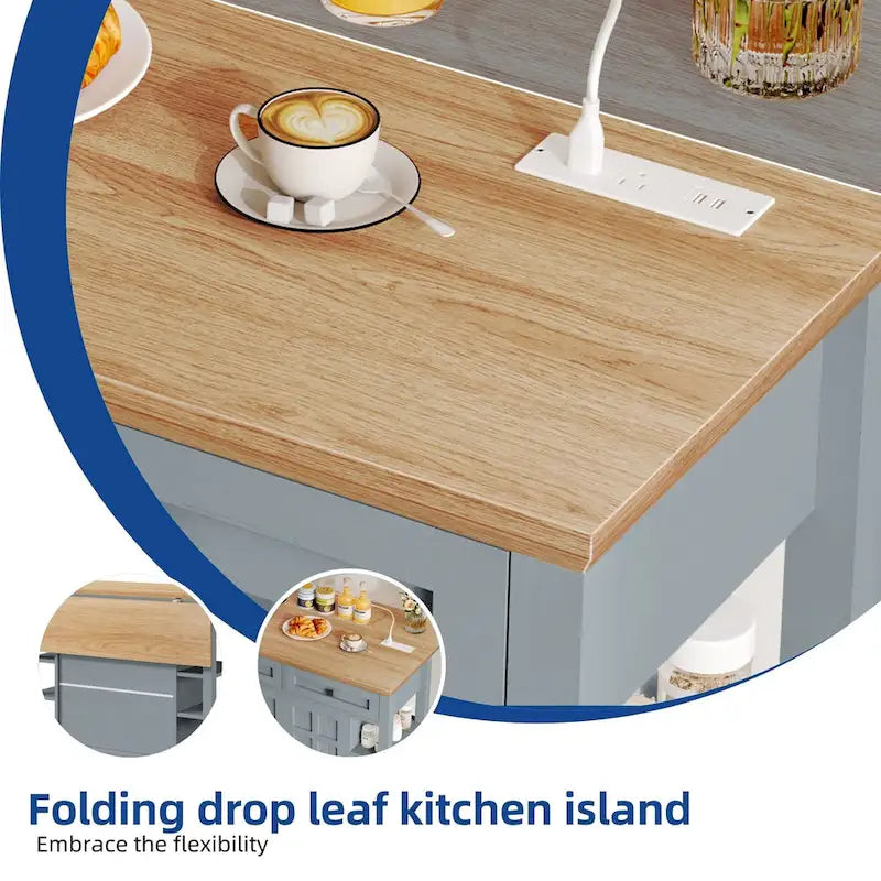Meuble îlot de cuisine roulant de 114 cm avec rangement et tiroirs, table de bar extensible avec roulettes verrouillables