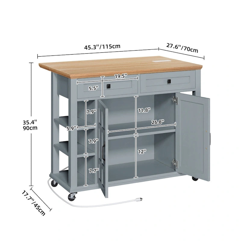 Meuble îlot de cuisine roulant de 114 cm avec rangement et tiroirs, table de bar extensible avec roulettes verrouillables