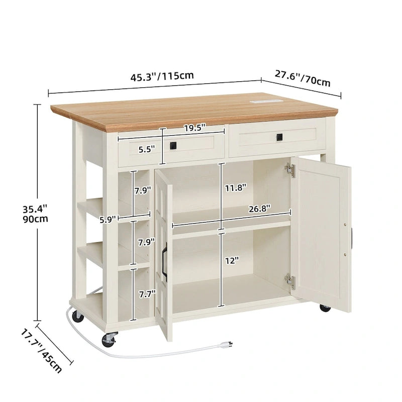 Meuble îlot de cuisine roulant de 114 cm avec rangement et tiroirs, table de bar extensible avec roulettes verrouillables