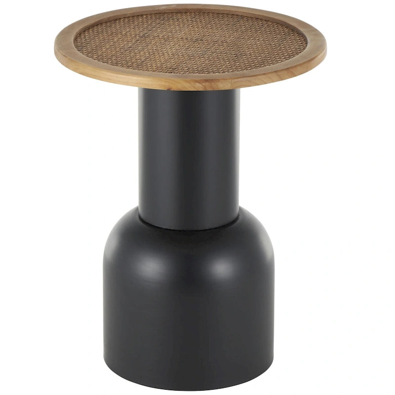 Table d'appoint ou de chevet piédestal fabriquée à la main en métal avec plateau en rotin marron - Noir - Roche River Decor