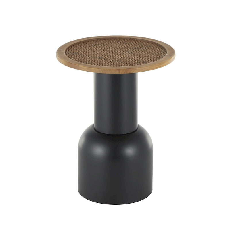 Table d'appoint ou de chevet piédestal fabriquée à la main en métal avec plateau en rotin marron - Noir - Roche River Decor