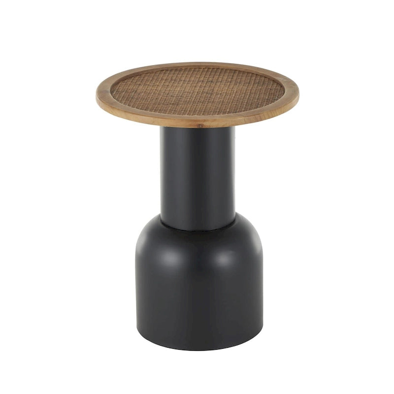 Table d'appoint ou de chevet piédestal fabriquée à la main en métal avec plateau en rotin marron - Noir - Roche River Decor