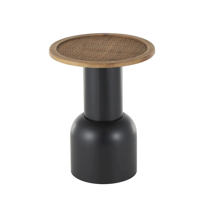 Table d'appoint ou de chevet piédestal fabriquée à la main en métal avec plateau en rotin marron - Noir - Roche River Decor