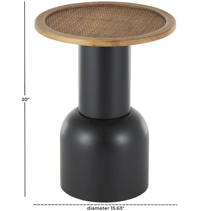 Table d'appoint ou de chevet piédestal fabriquée à la main en métal avec plateau en rotin marron - Noir - Roche River Decor
