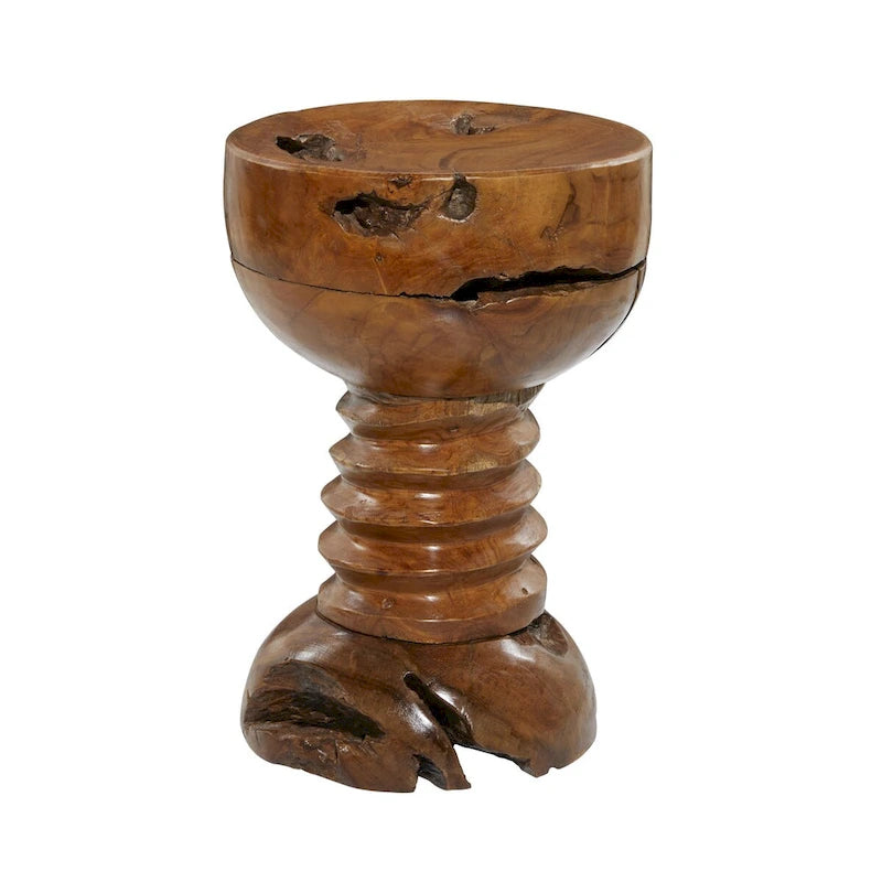 Table d'appoint en bois de teck fait main avec bord brut et base enroulée – Marron – Décoration Roche River