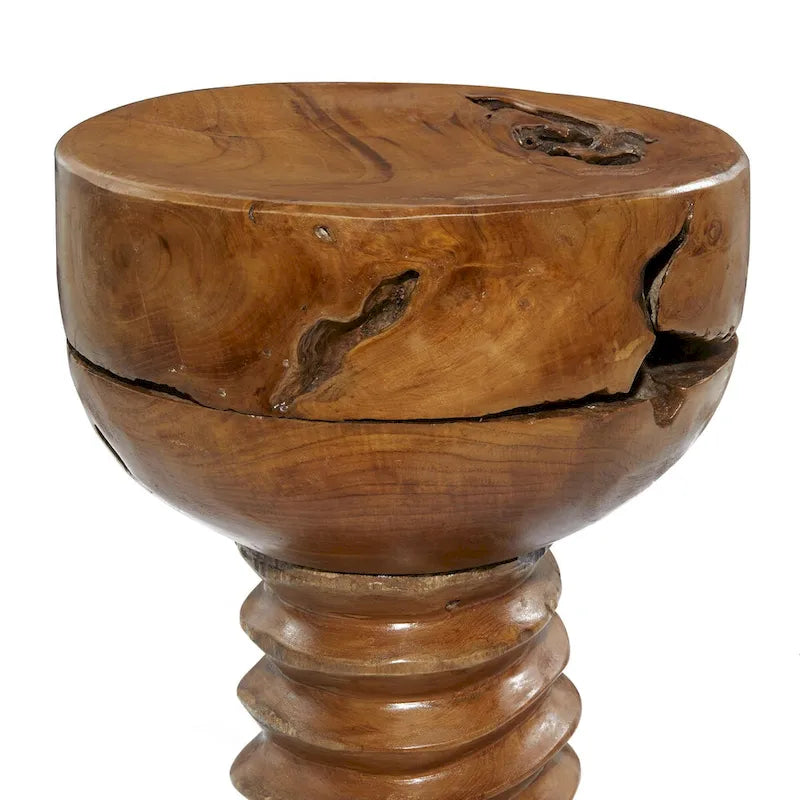Table d'appoint en bois de teck fait main avec bord brut et base enroulée – Marron – Décoration Roche River