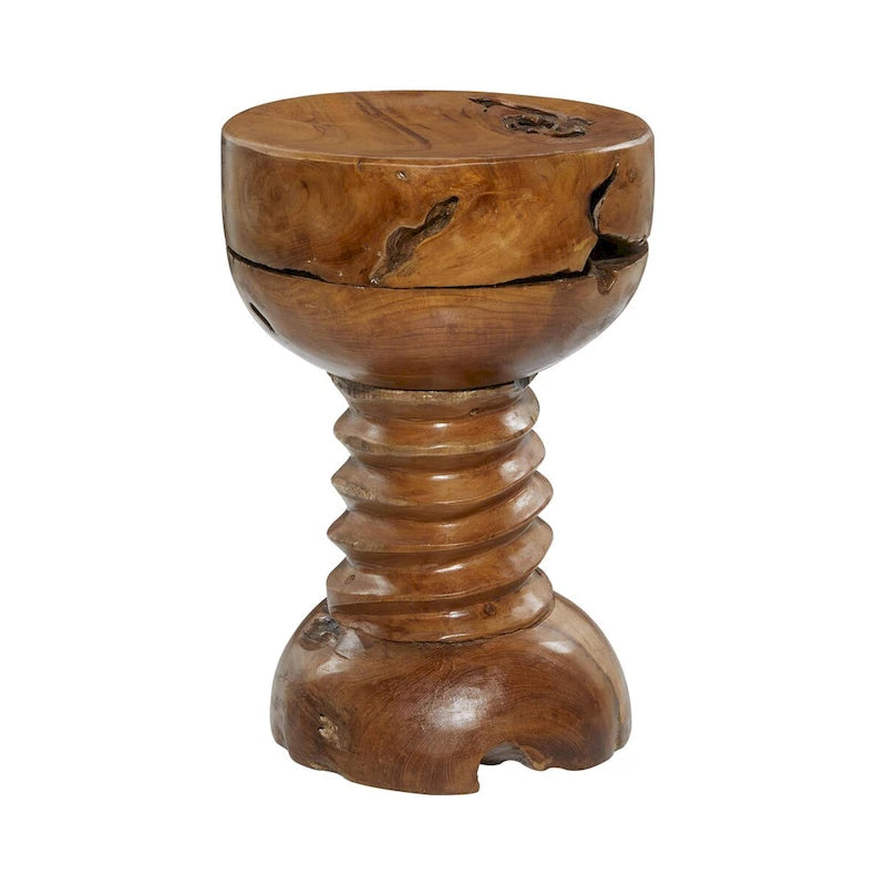 Table d'appoint en bois de teck fait main avec bord brut et base enroulée – Marron – Décoration Roche River