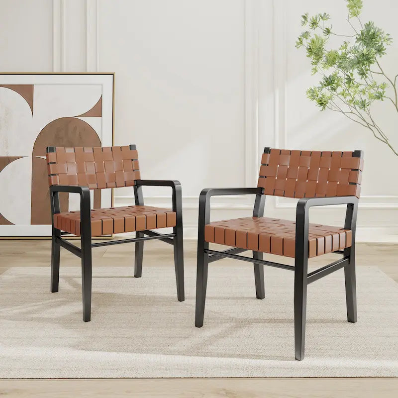 Chaises de salle à manger Prosen Morden en cuir tressé et hévéa avec accoudoirs (lot de 2) de Christopher Knight Home